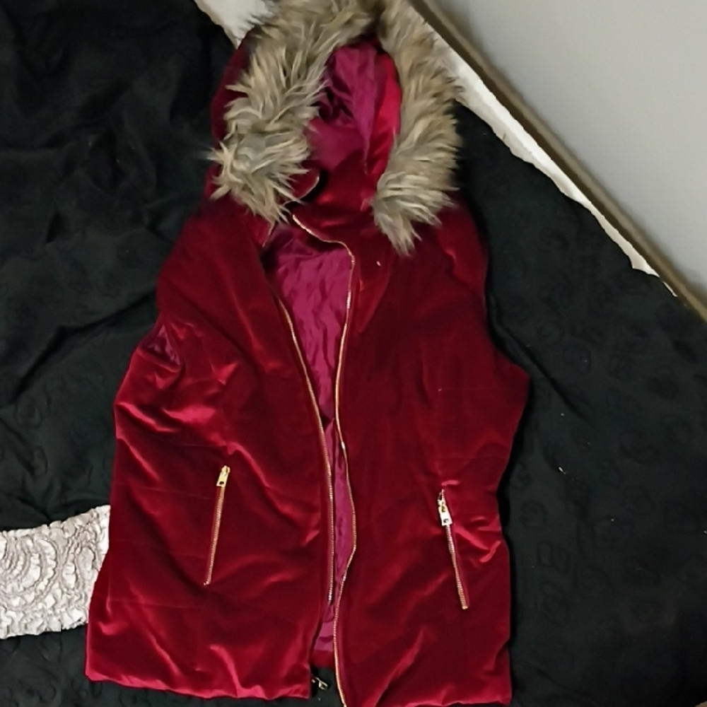 Marc New York Red Puffer Jacket with Faux Fur Hood